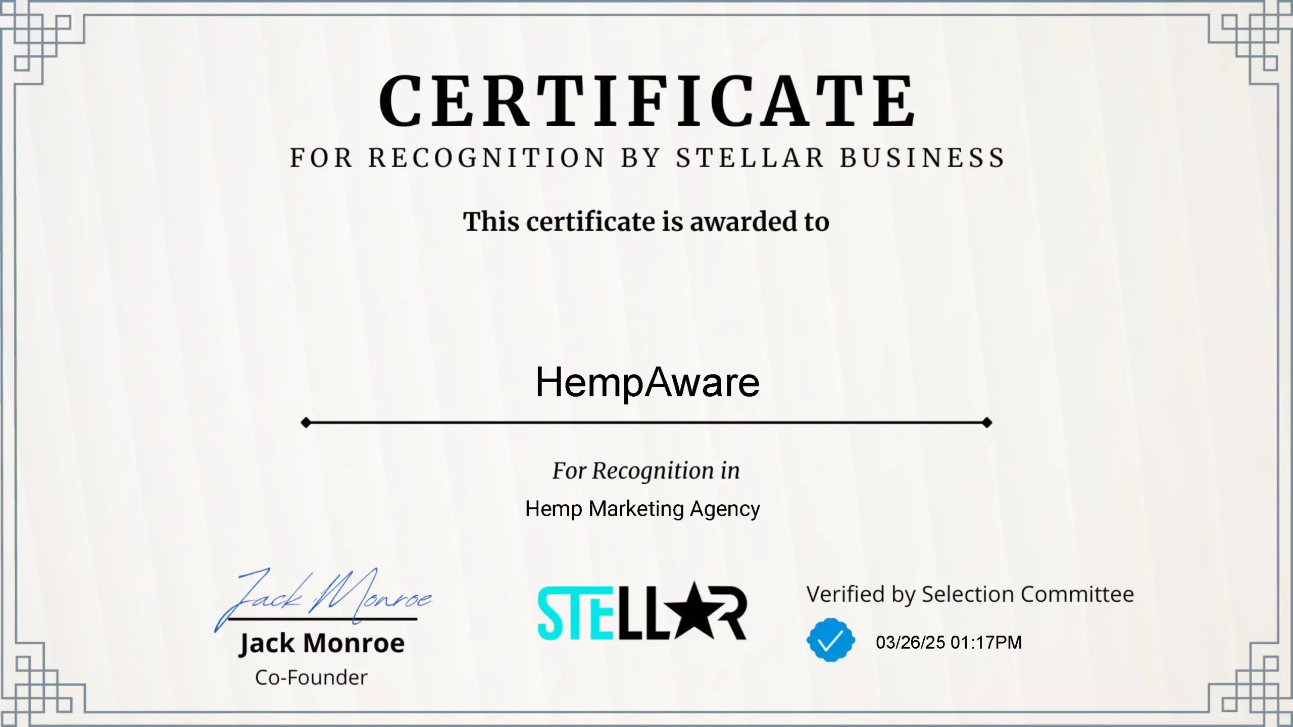 Stellar Business Award Certificate_ HempAware