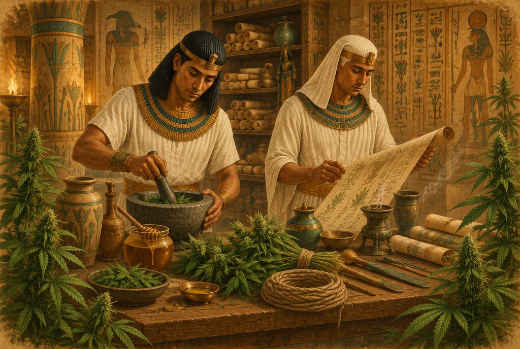 Ancient Egyptian priest healers preparing hemp and honey remedies beside a medical papyrus in a House of Life workshop