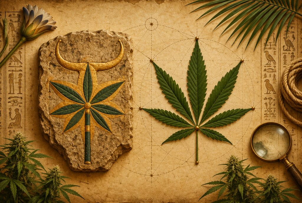 Study comparing Seshat’s seven-pointed emblem from an Egyptian relief with a seven-leaflet hemp leaf