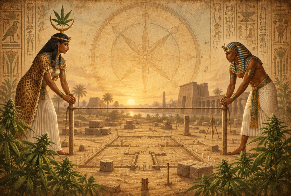 Seshat and a pharaoh performing the stretching of the cord ceremony with a hemp rope at a temple foundation